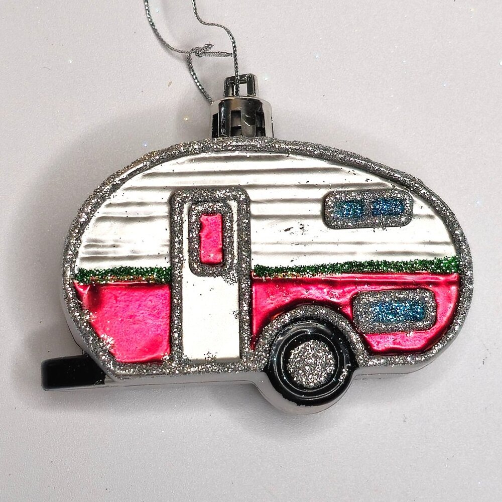 Retro Airstream Camper Trailer Christmas Ornament Red w/ Silver Glitter Accent